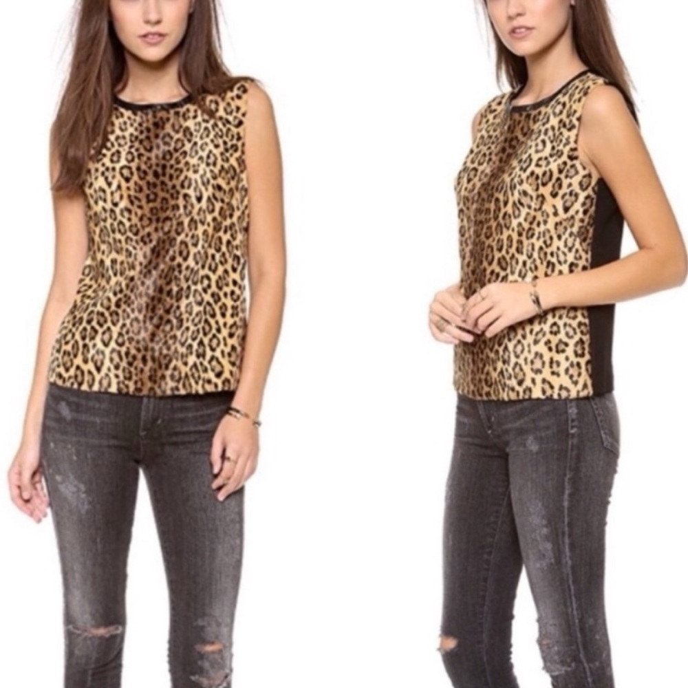 MILLY Faux Fur Cheetah Leopard Animal Print Sleeveless Scoop Neck Zip Vest Tank